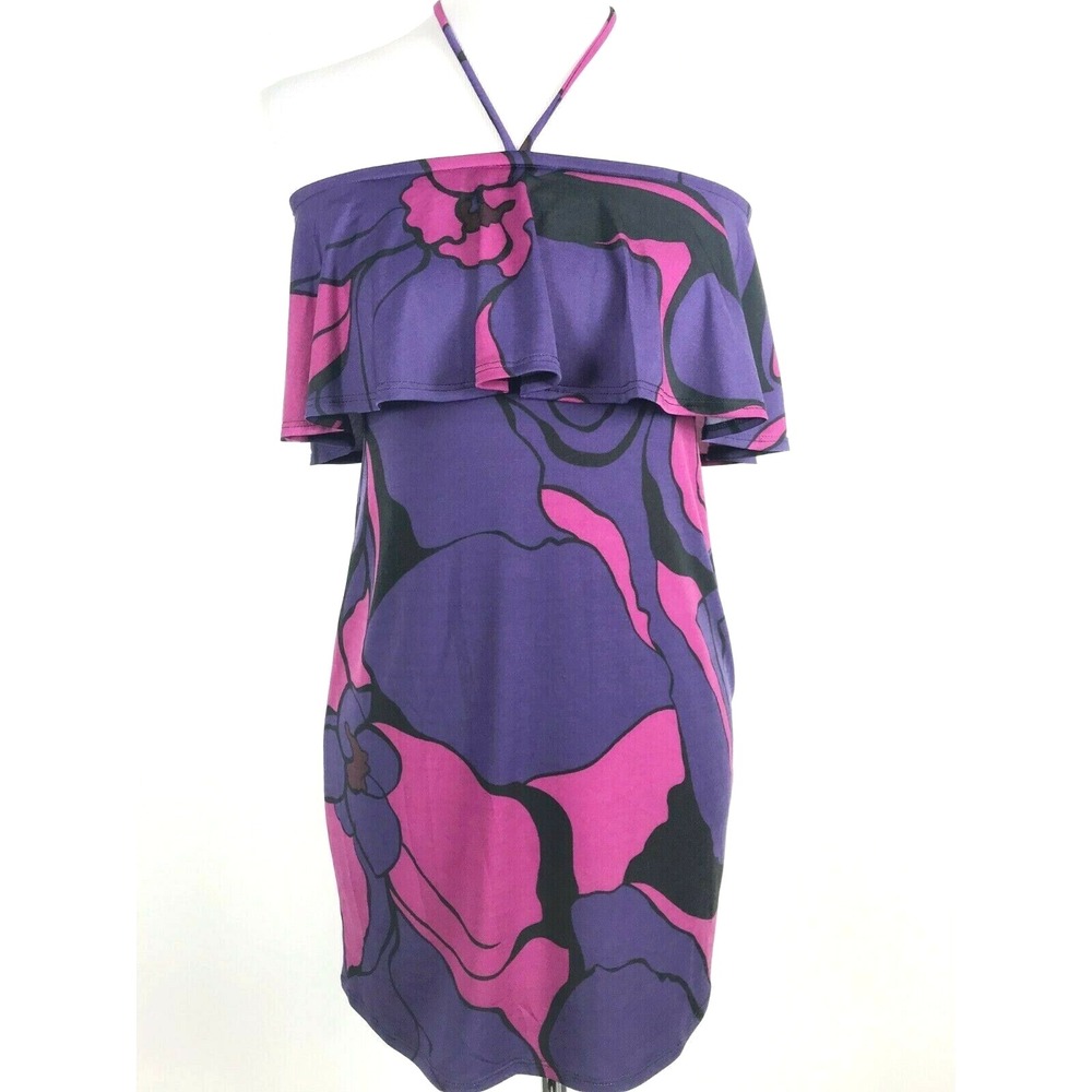 Trina Turk Dress Women Extra Small Pink Purple Floral Mini Halter Abstract Retro